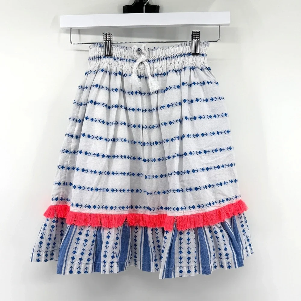 Boden Skirt Neon Fringe Tassel 6-7Y White Blue Girls Summer Boho Cotton Tiered‎